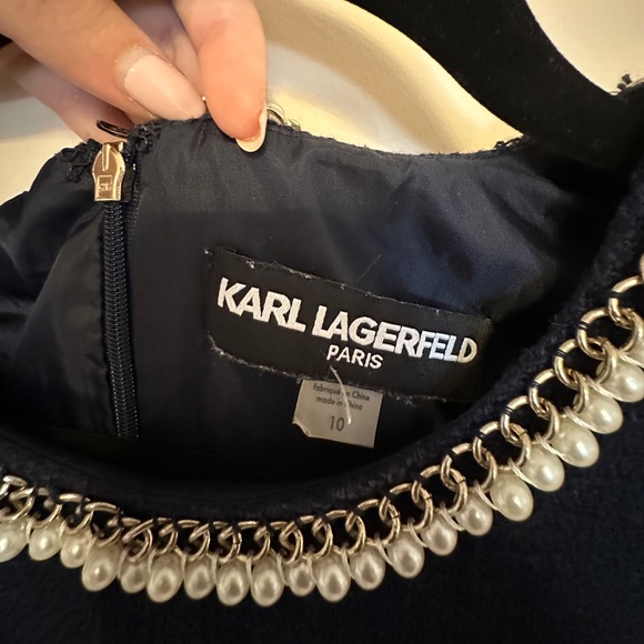 Karl Lagerfeld Paris Navy Blue Tweed Pearl Dress - Picture 4 of 5